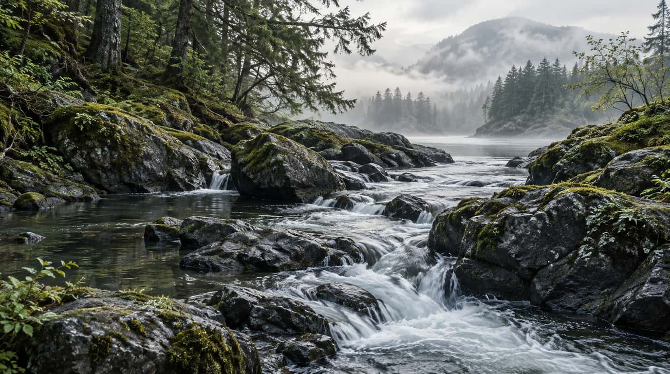 A cool woodland stream flows between moss-covered rocks, with quiet side pools and mist over the water.