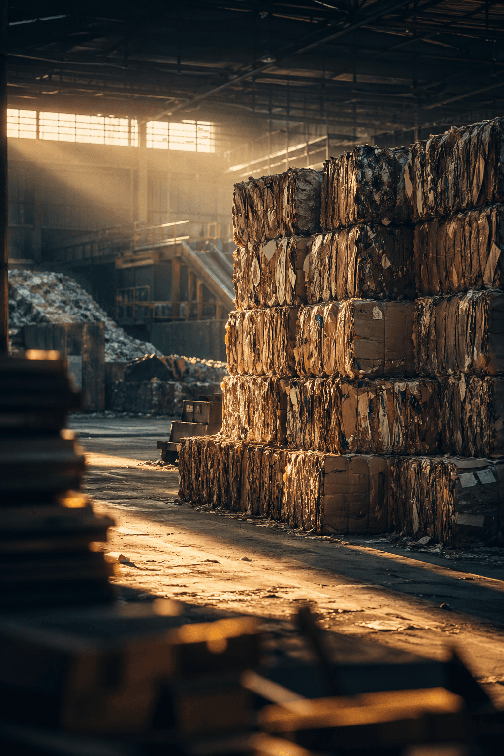 Stacks of baled recycled materials in a sortation facility at golden hour, representing sustainability and circular-economy operations