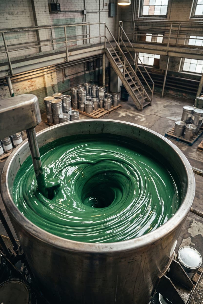 Green paint swirling in a stainless-steel mixing tank on a factory floor, representing a paint and coatings manufacturer