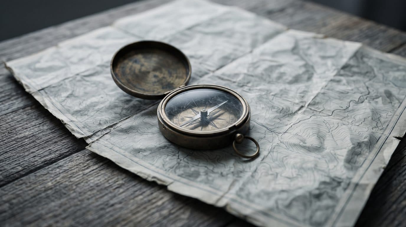 Old brass compass resting on a weathered topographic map in soft morning light, representing navigating by your own judgment.