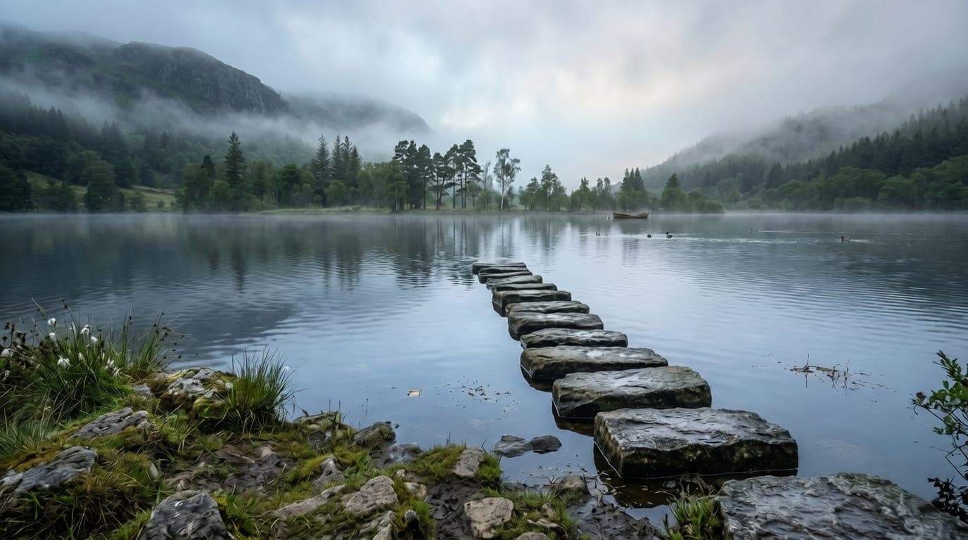 A line of stepping stones crossing a misty lake but stopping short of the far shore, representing AI pilots that work but never reach everyday operations