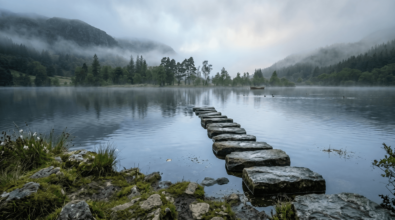 A line of stepping stones crossing a misty lake but stopping short of the far shore, representing AI pilots that work but never reach everyday operations