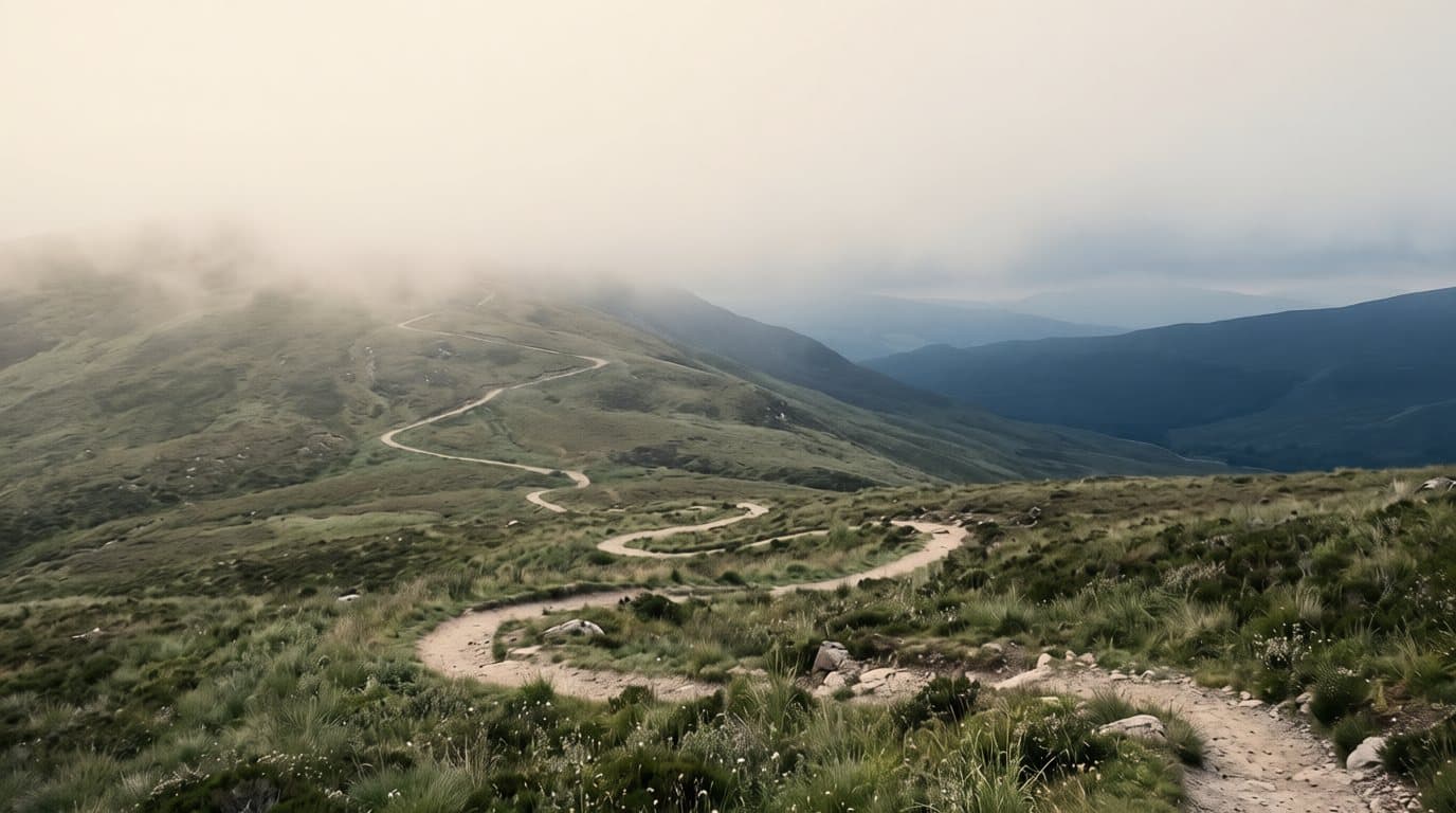 A trail switchbacking up a hillside, its lower turns clear and sunlit while the higher turns fade into cloud, evoking the levels of AI use most teams never climb past