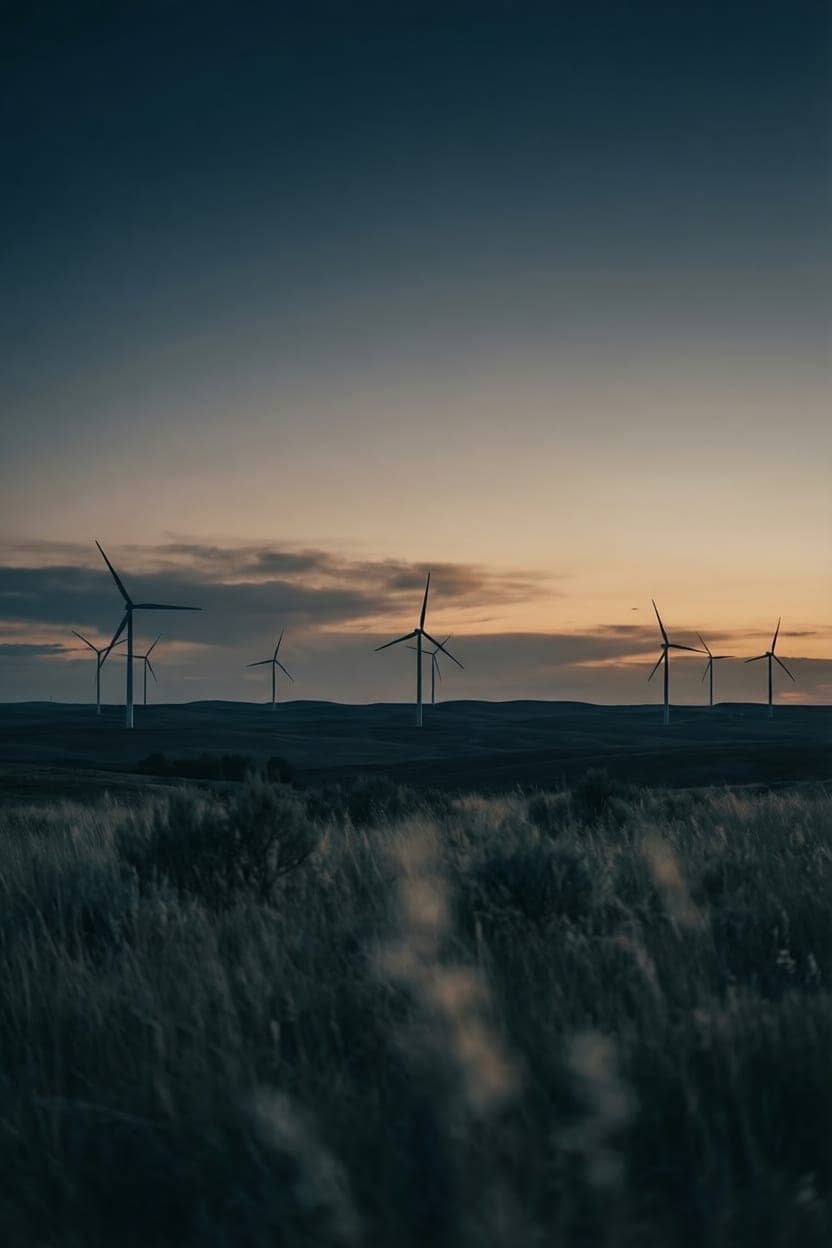 Wind turbines silhouetted against a dusk sky representing clean energy industry AI transformation
