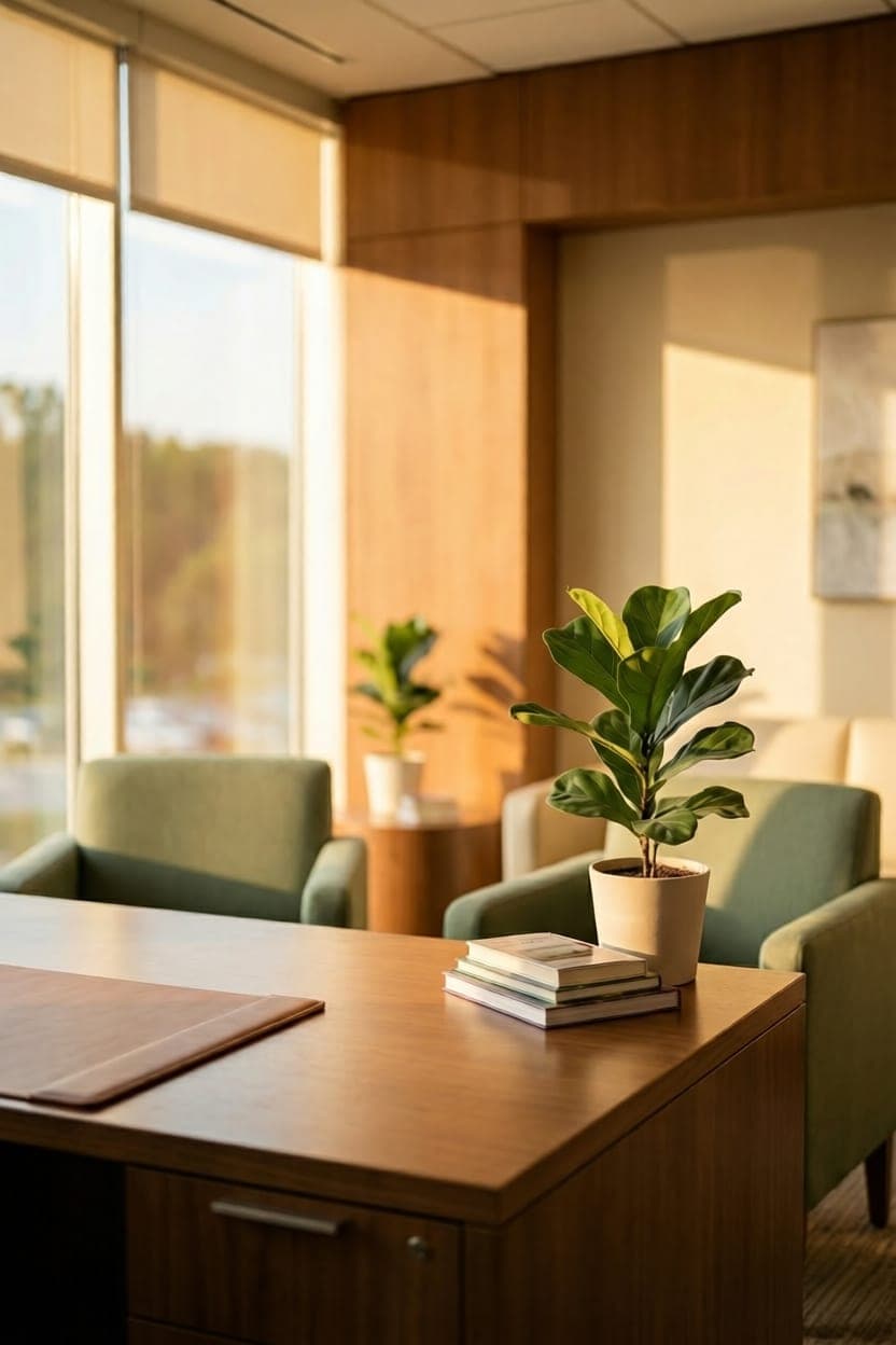 Warm sunlit medical consultation room representing healthcare practice AI optimization